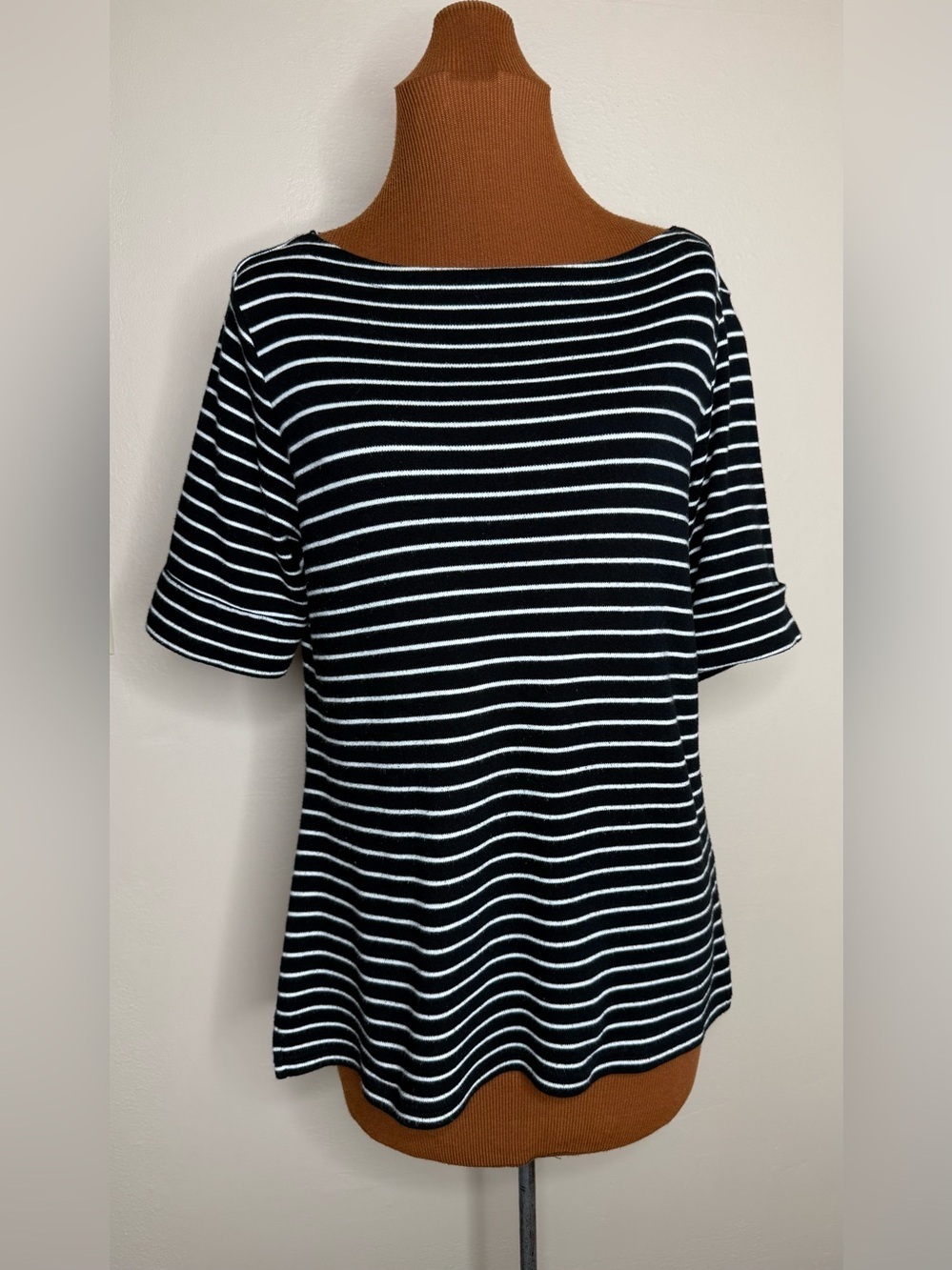 Rebecca Malone Black & White Striped Boatneck Top Short Sleeve Size Medium